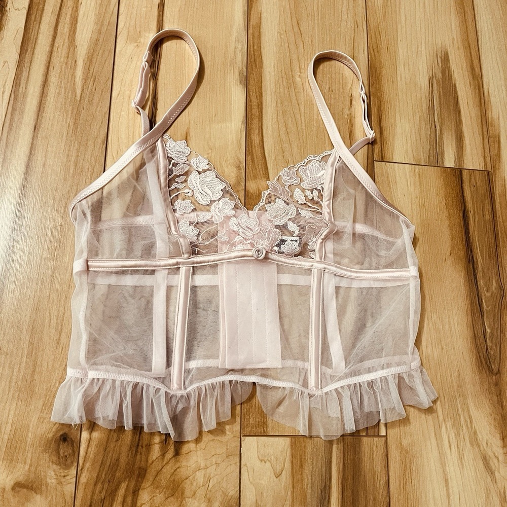 Sheer Corset Bra Womens 34B Lt Pink Lace Ruffle Bustiers Sheer Mesh Unlined